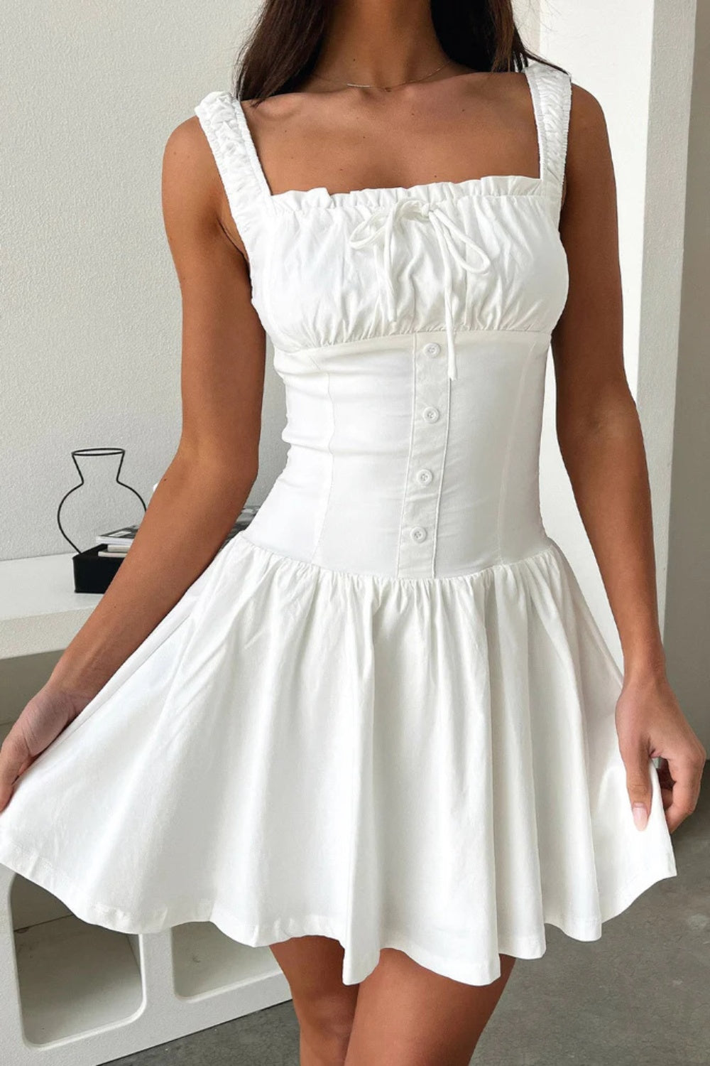 Decorative Button Square Neck Cami Dress White