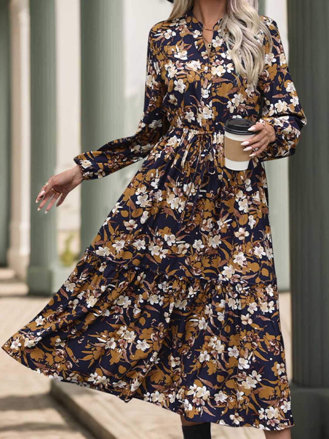 Perfee Printed Notched Long Sleeve Midi Dress Camel