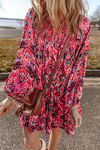 Rose Abstract Printed Tassel Tied Neck Long Sleeve Ruffled Mini Dress