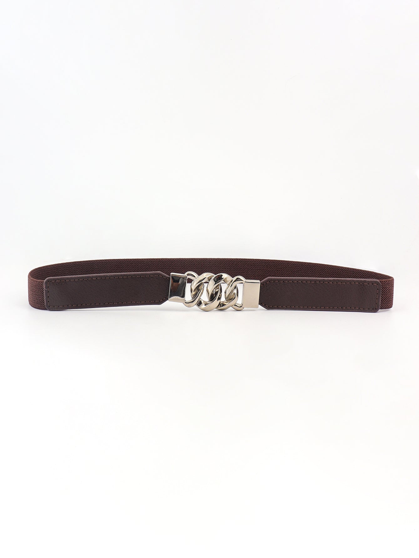 Zinc Alloy Buckle Elastic PU Belt Chocolate Silver One Size