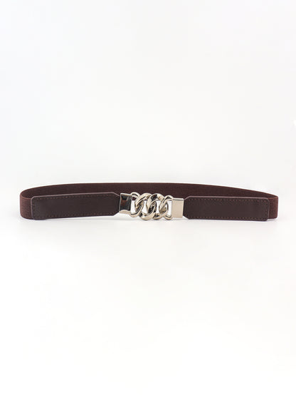 Zinc Alloy Buckle Elastic PU Belt Chocolate Silver One Size