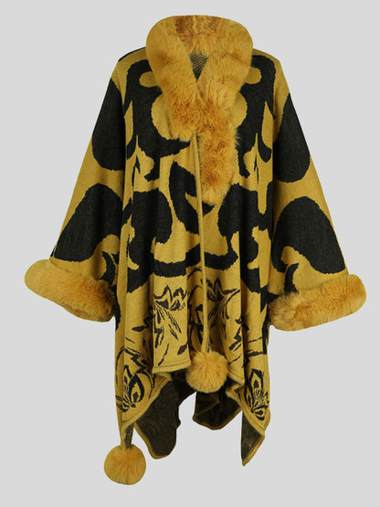 Faux Fur Trim Poncho Banana Yellow One Size