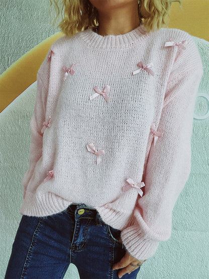 Bow Trim Round Neck Long Sleeve Sweater Blush Pink One Size