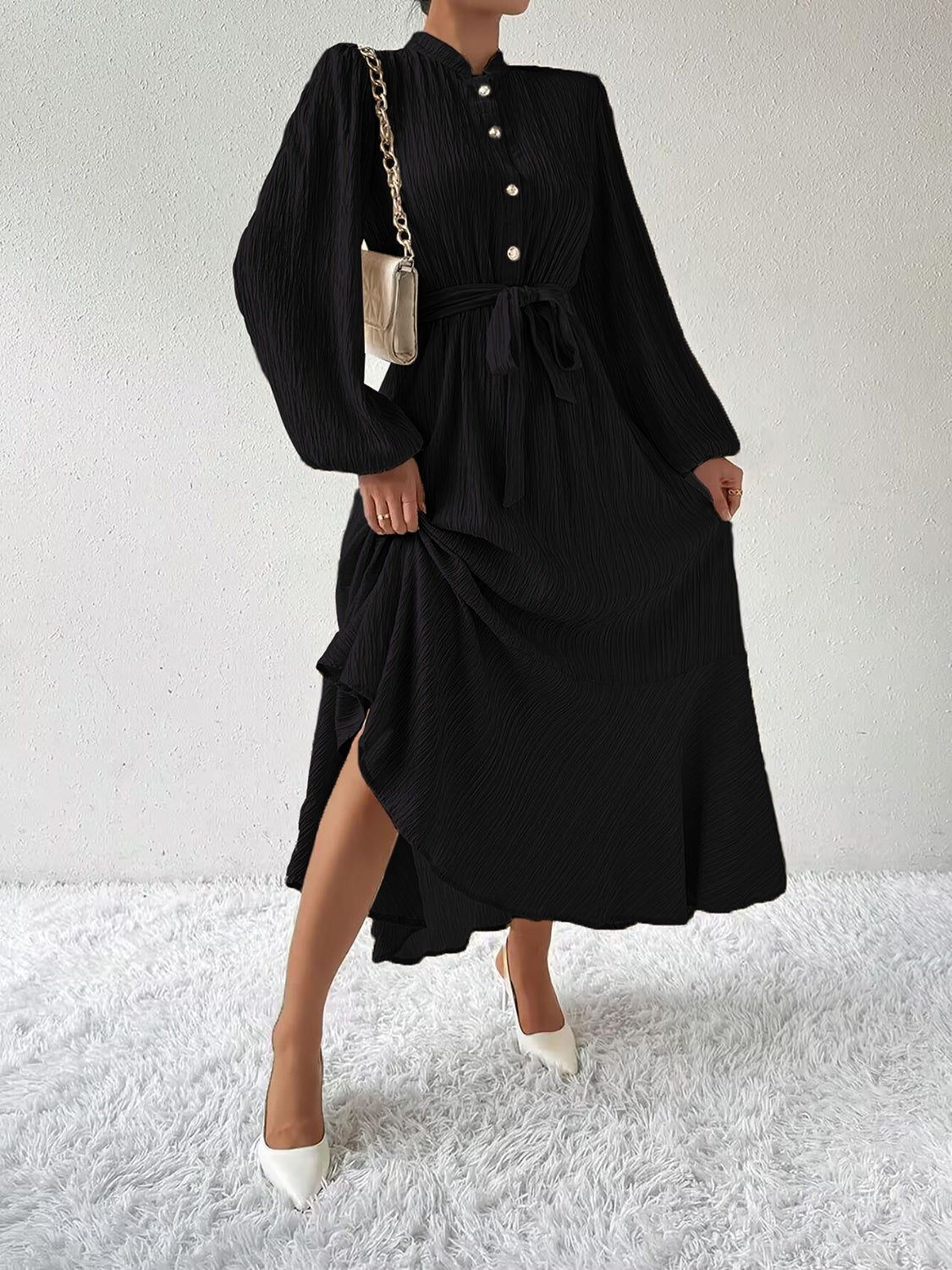 Tie Waist Long Sleeve Dress - Thandynie