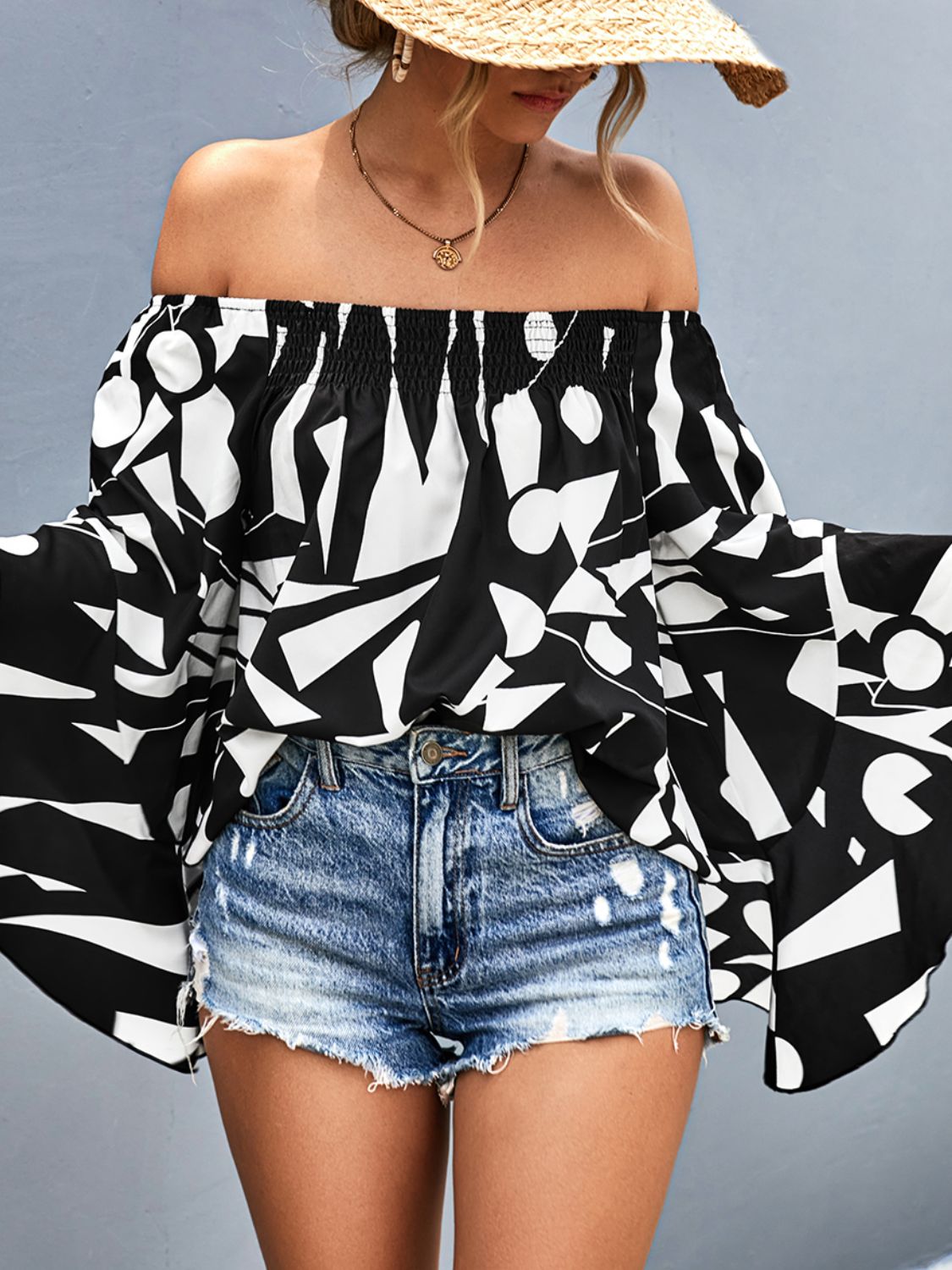 Printed Off-Shoulder Bell Sleeve Blouse - Thandynie