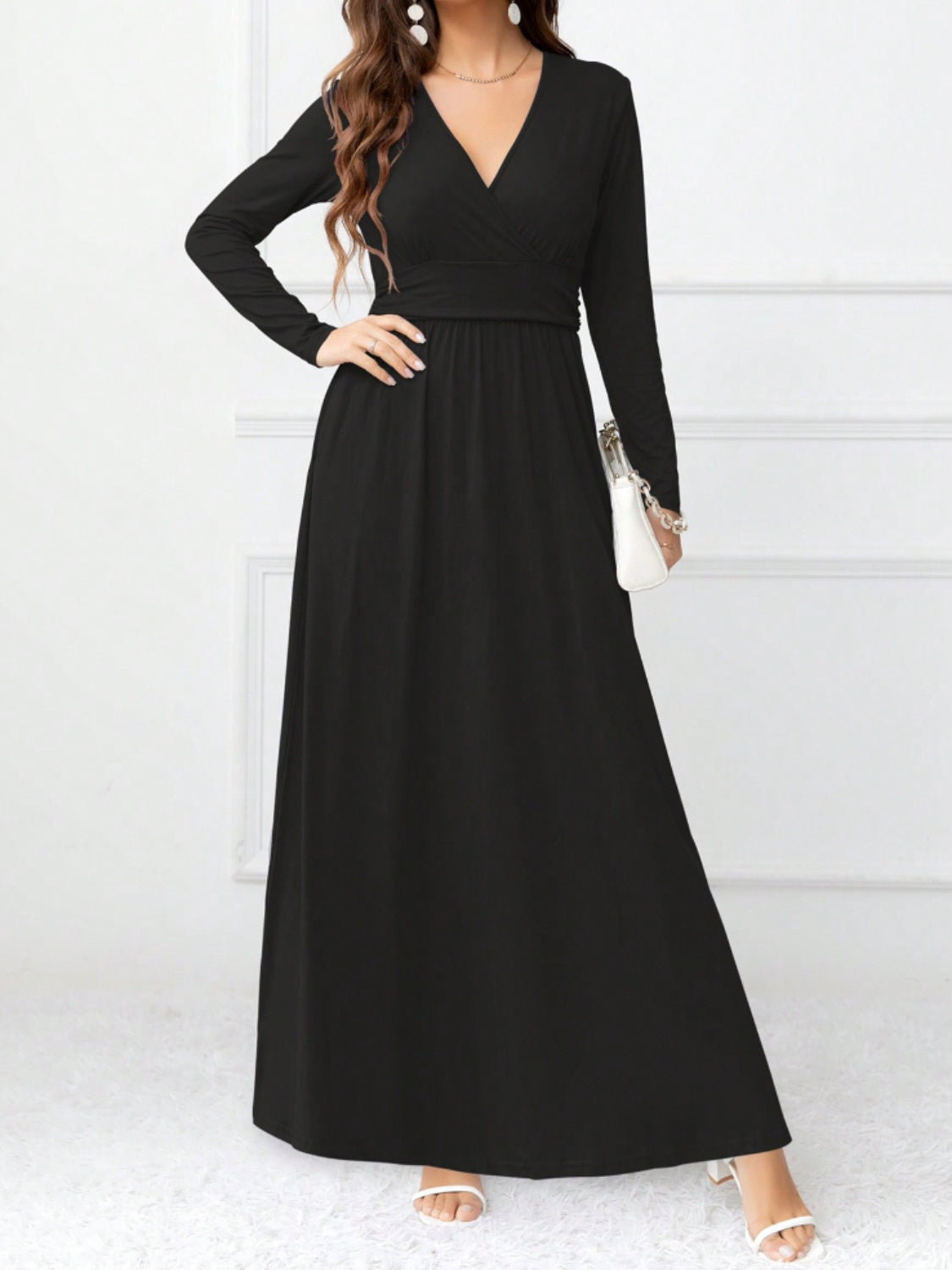 Pocketed Surplice Long Sleeve Maxi Dress Black