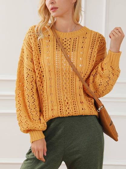 Openwork Round Neck Long Sleeve Sweater