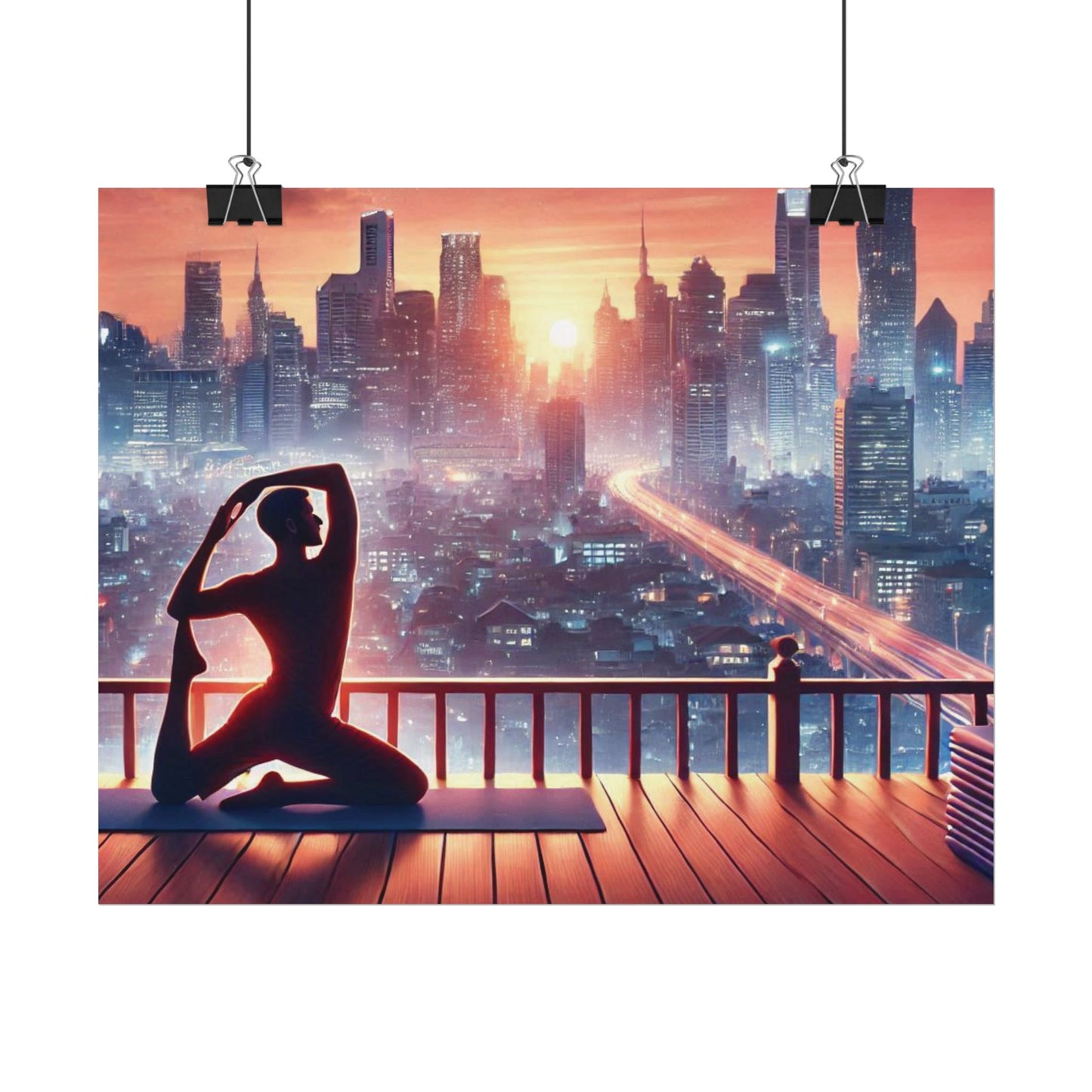 Yoga Poster, Cityscape Sunset Art, Rolled Wall Art, Pink Orange Skyline Decor, Urban Zen Meditation, Rooftop Exercise Print, Relaxation Gift