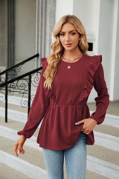 Round Neck Ruffled Peplum Blouse Wine