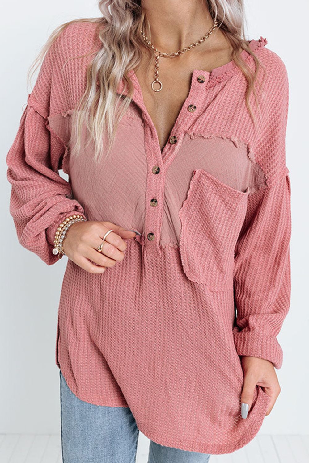 Half Button Raw Hem Long Sleeve Blouse Dusty Pink