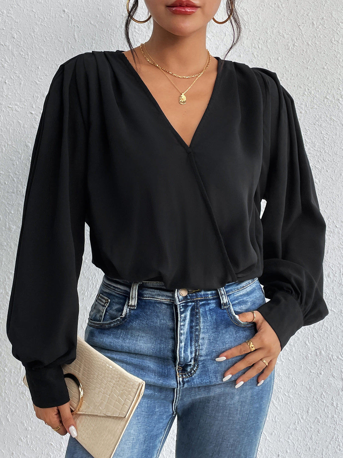 Surplice Ruched Long Sleeve Bodysuit - Thandynie