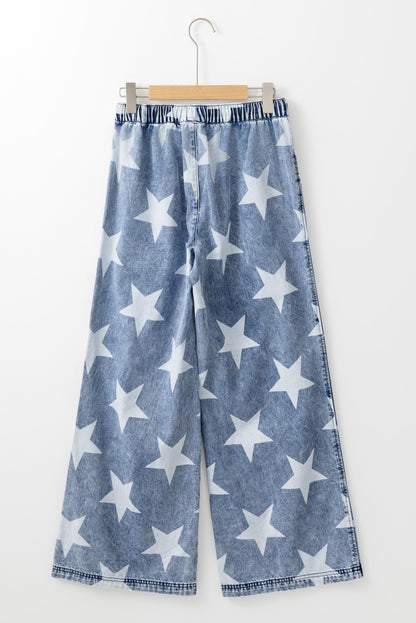 Light Blue Star Print Light Wash Drawstring High Waist Wide Leg Jeans