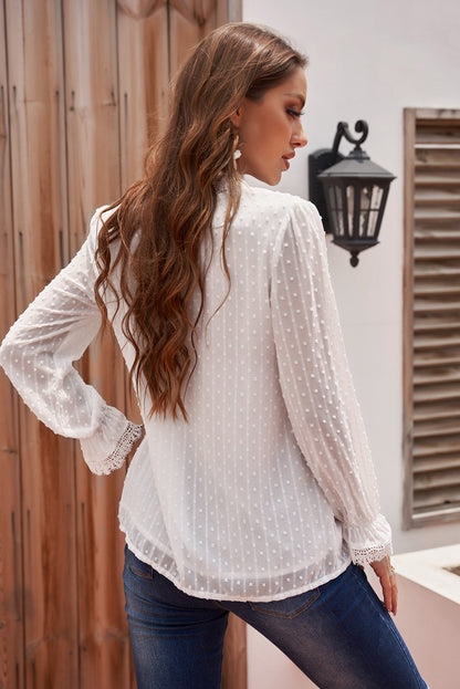 Swiss Dot Lace Trim Flounce Sleeve Blouse