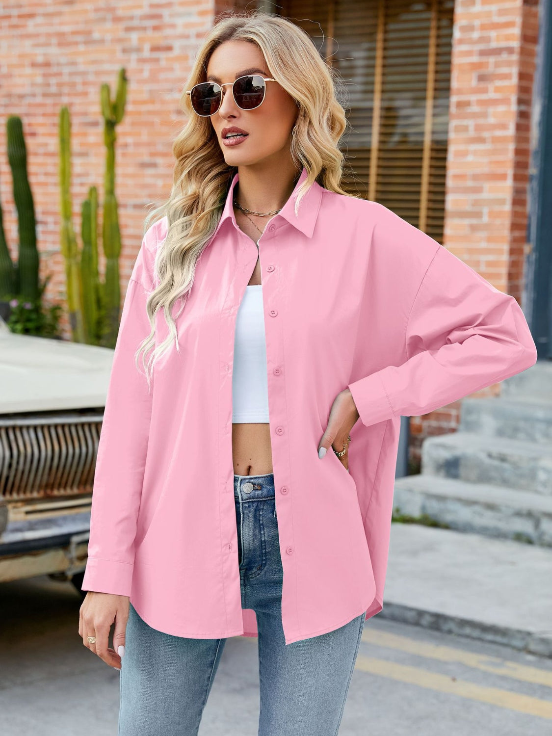 Button Up Collared Neck Long Sleeve Shirt Pink