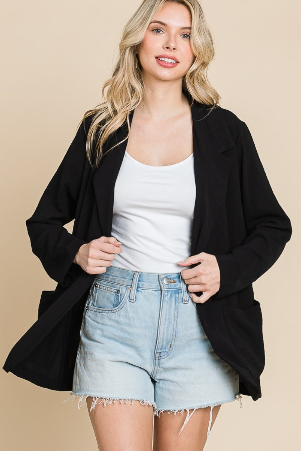 Culture Code One Button Long Sleeve Blazer with Pockets Black