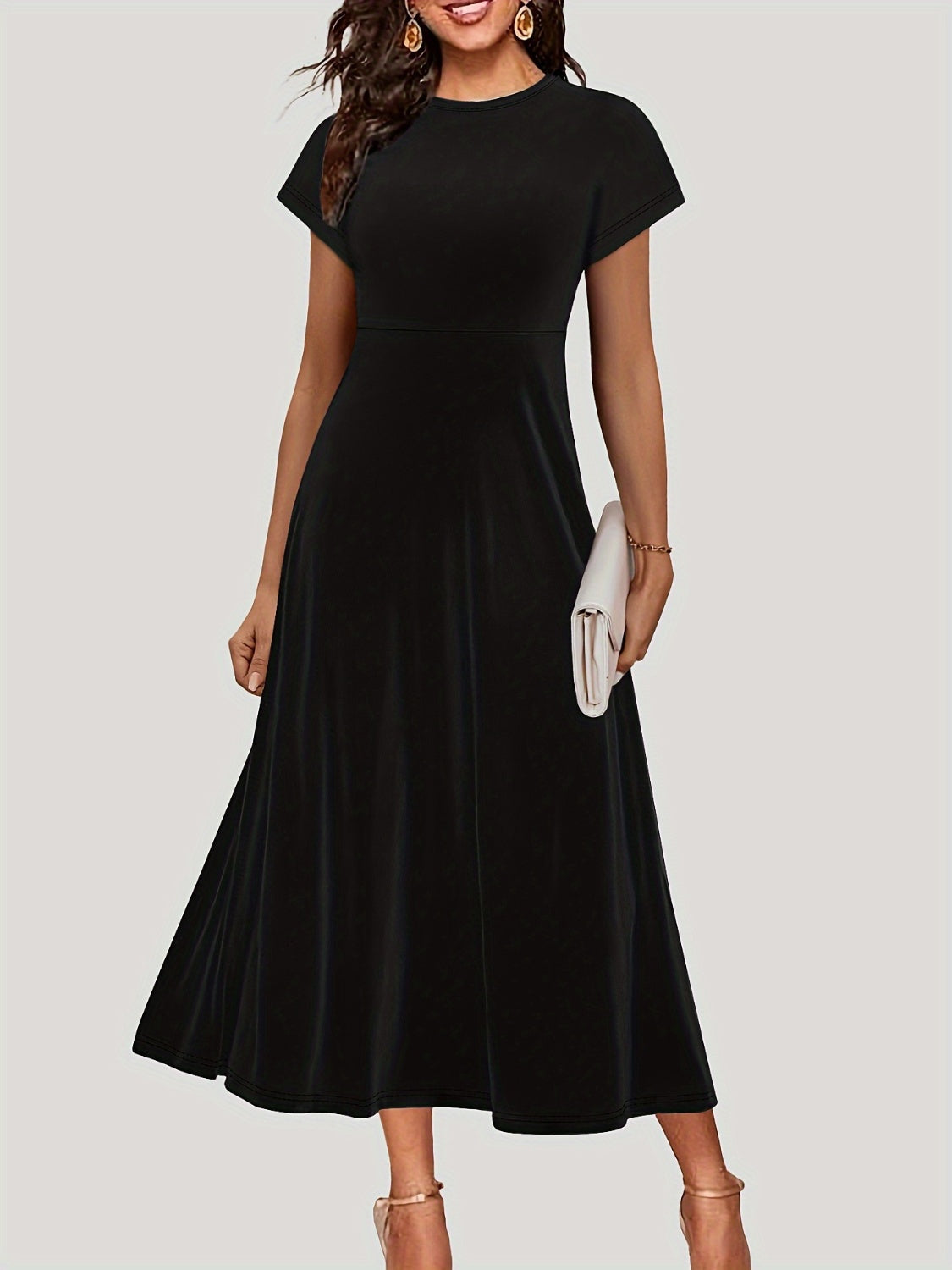 Round Neck Short Sleeve Midi Dress Black