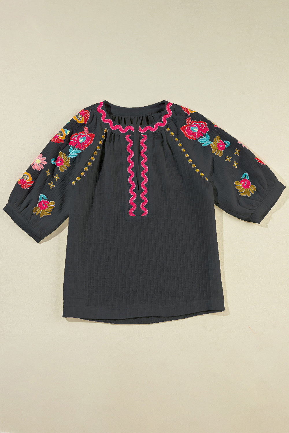 Embroidered Notched Half Sleeve Blouse Black