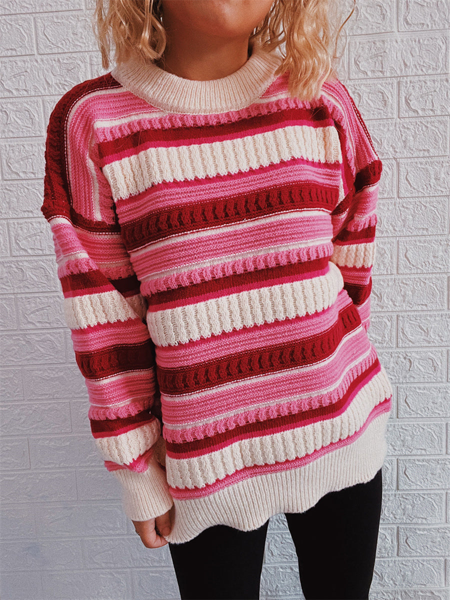 Striped Drop Shoulder Round Neck Sweater Deep Rose