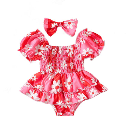 Bubble Sleeve Colorful Flower Romper Triangle Jumpsuit Red