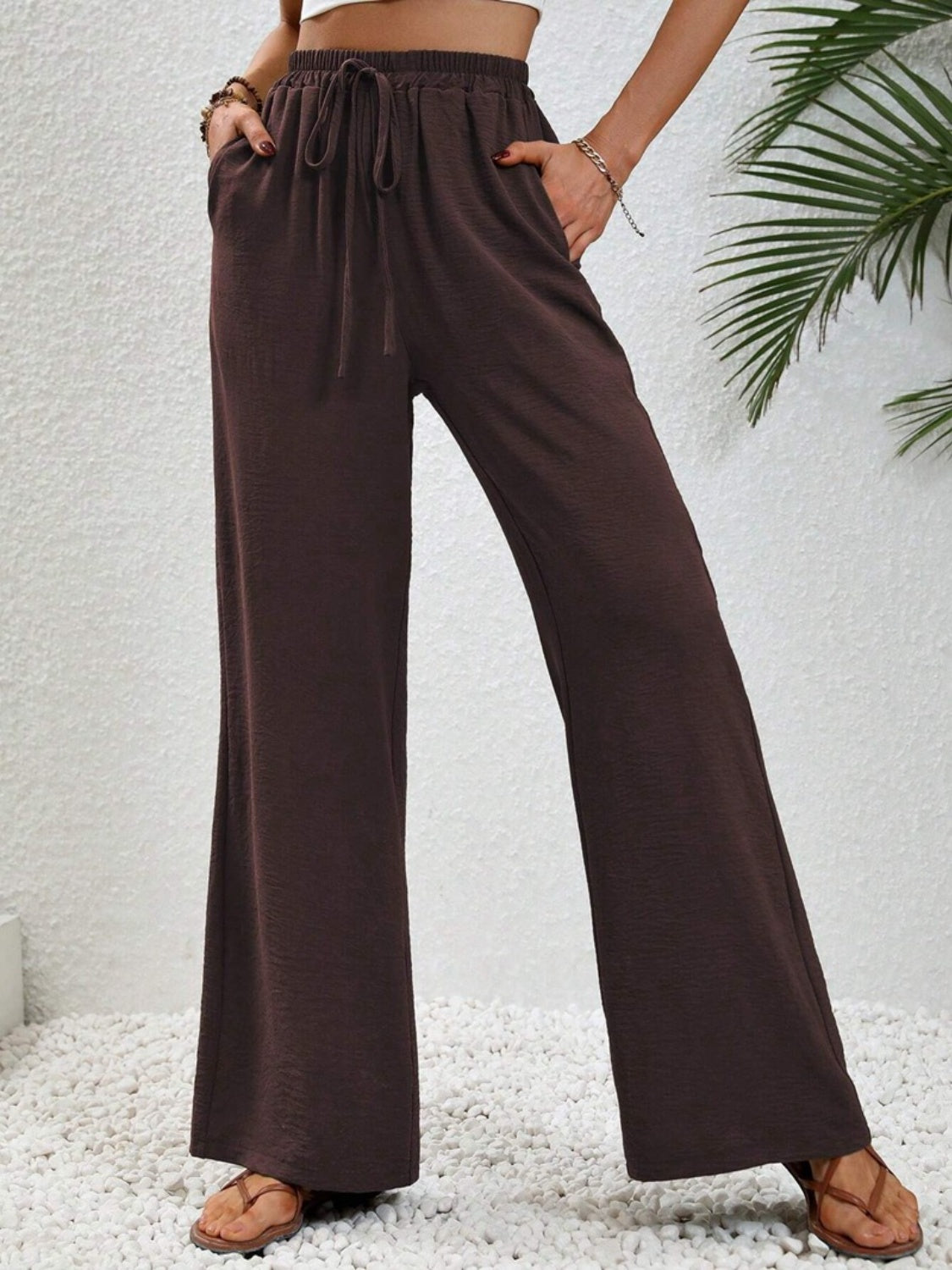 Wide Leg Drawstring Pants Dark Brown