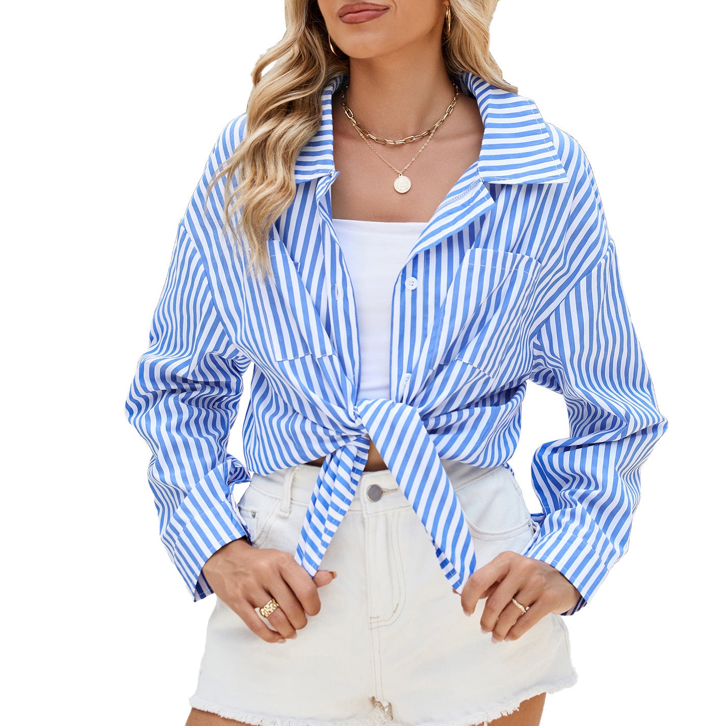 Fashion Striped Long Sleeve Shirt With Pockets Casual Loose Single-breasted Button Top Women Clothing Blue stripes pink stripes