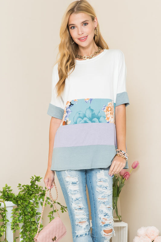 Celeste Full Size Contrast Color Block Round Neck T-Shirt Ivory Lilac