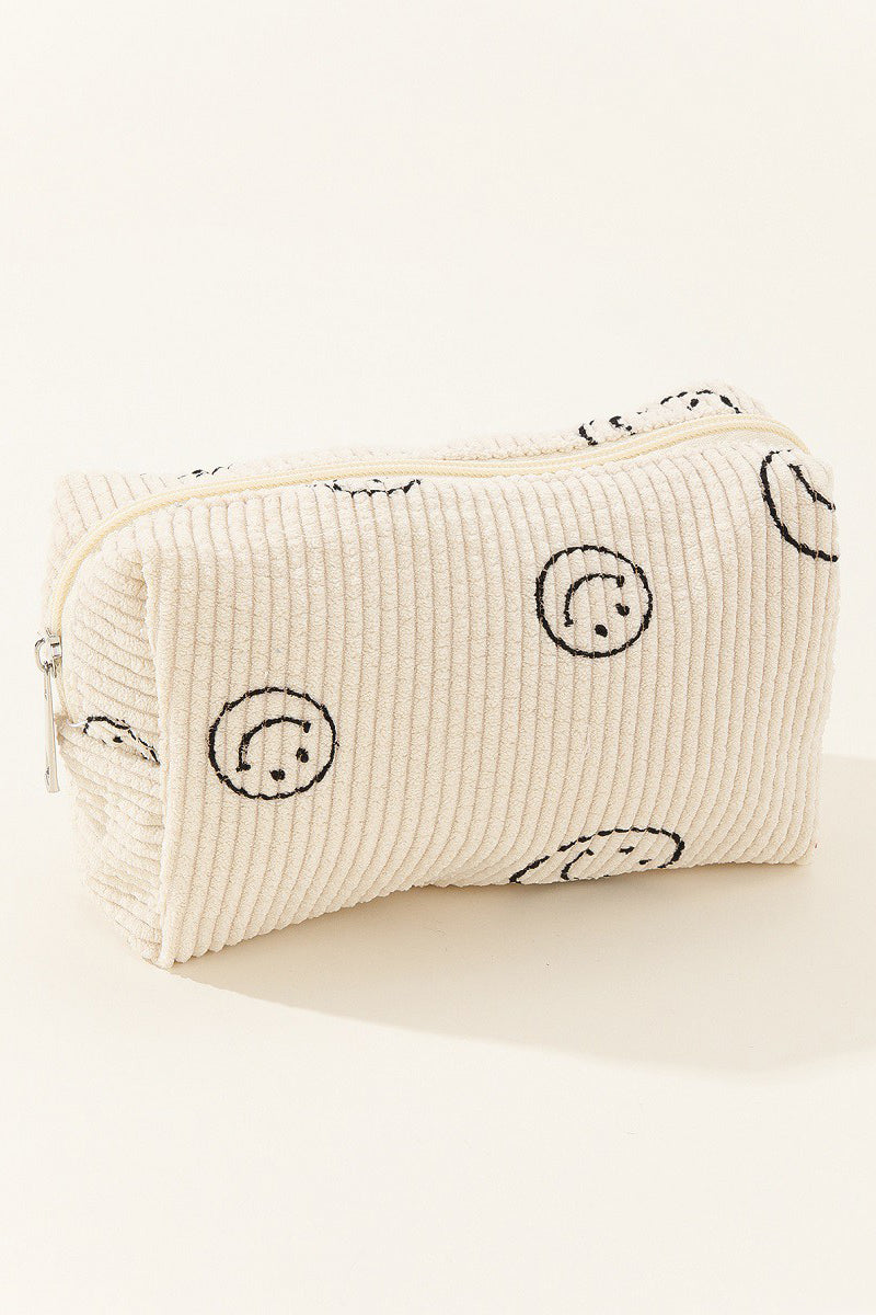 Zenana Smiley Face Corduroy Cosmetic Pouch Ivory One Size