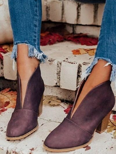 Point Toe Chunky Heeled Ankle Boots Deep Purple