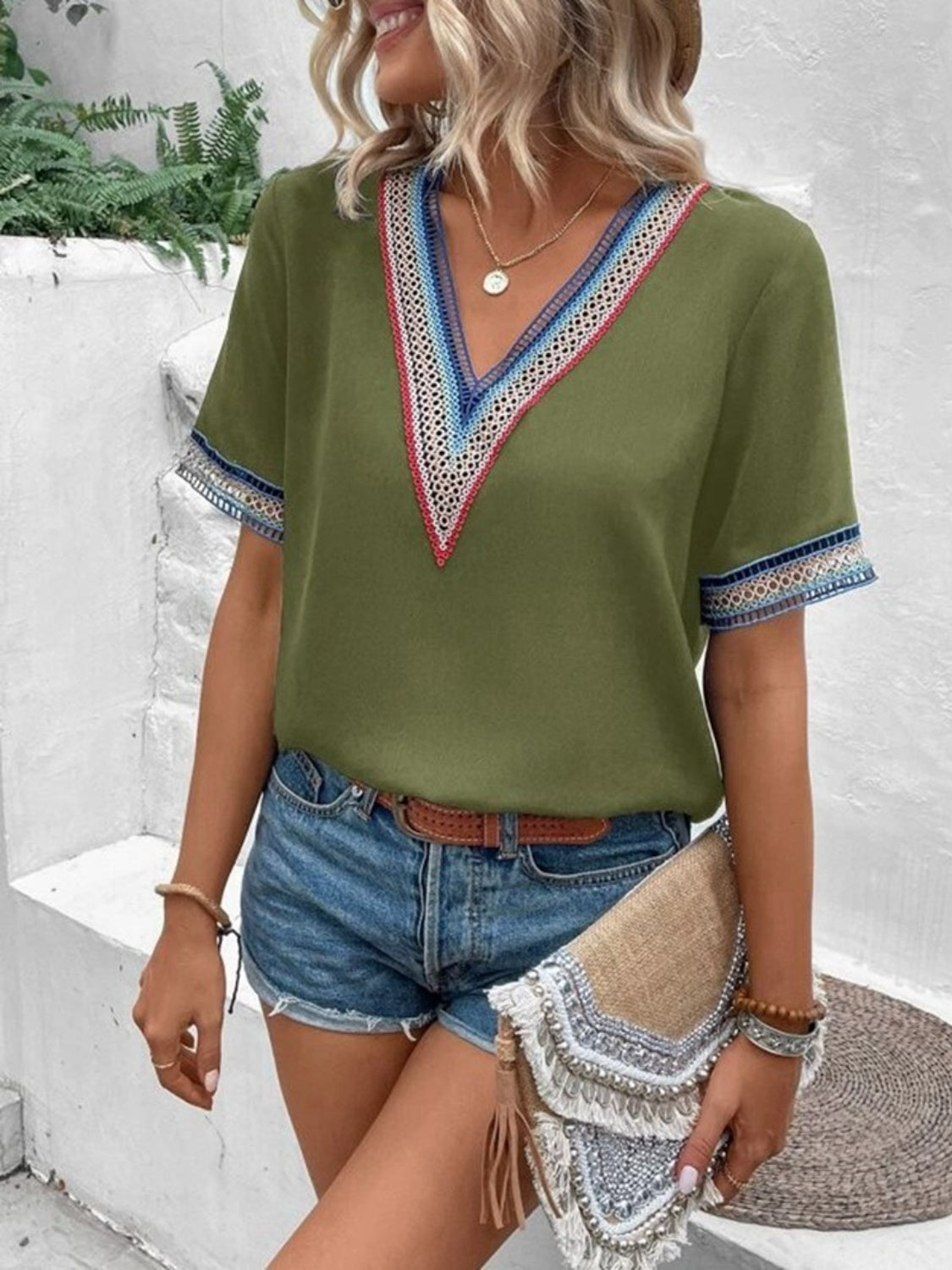 Full Size V-Neck Short Sleeve Blouse Matcha Green