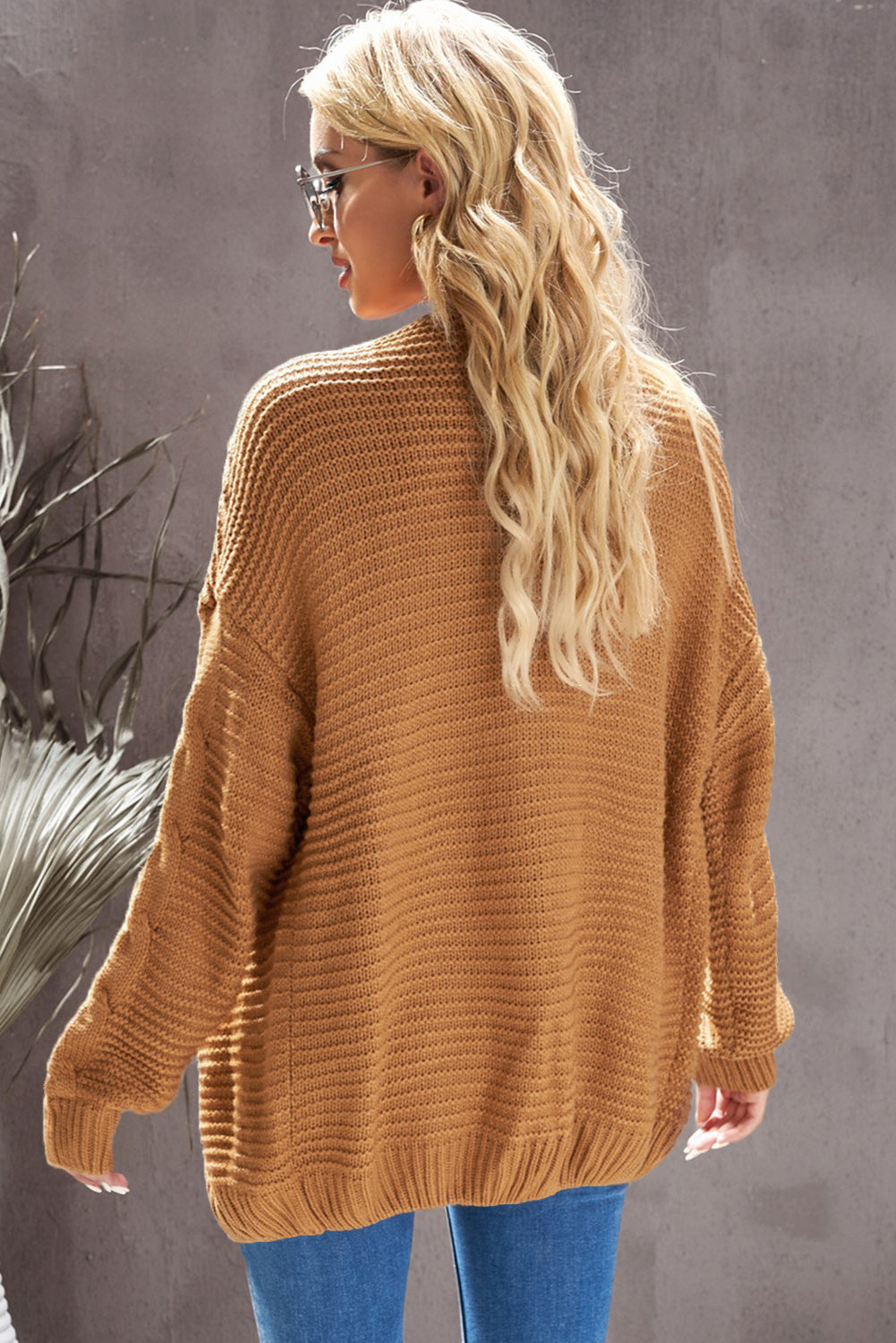 Waffle-Knit Open Front Dropped Shoulder Sweater