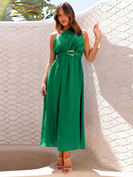 Single Shoulder Midi Dress Dark Green