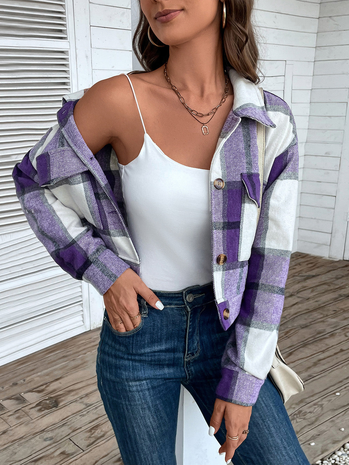Plaid Button Up Drop Shoulder Cropped Jacket - Thandynie