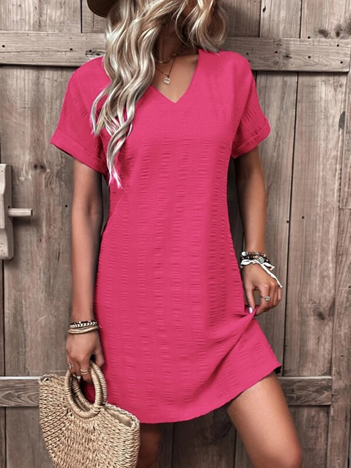 Full Size V-Neck Short Sleeve Mini Dress Hot Pink