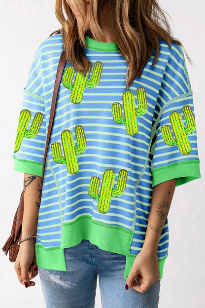 Cactus Striped Round Neck Half Sleeve T-Shirt Cerulean