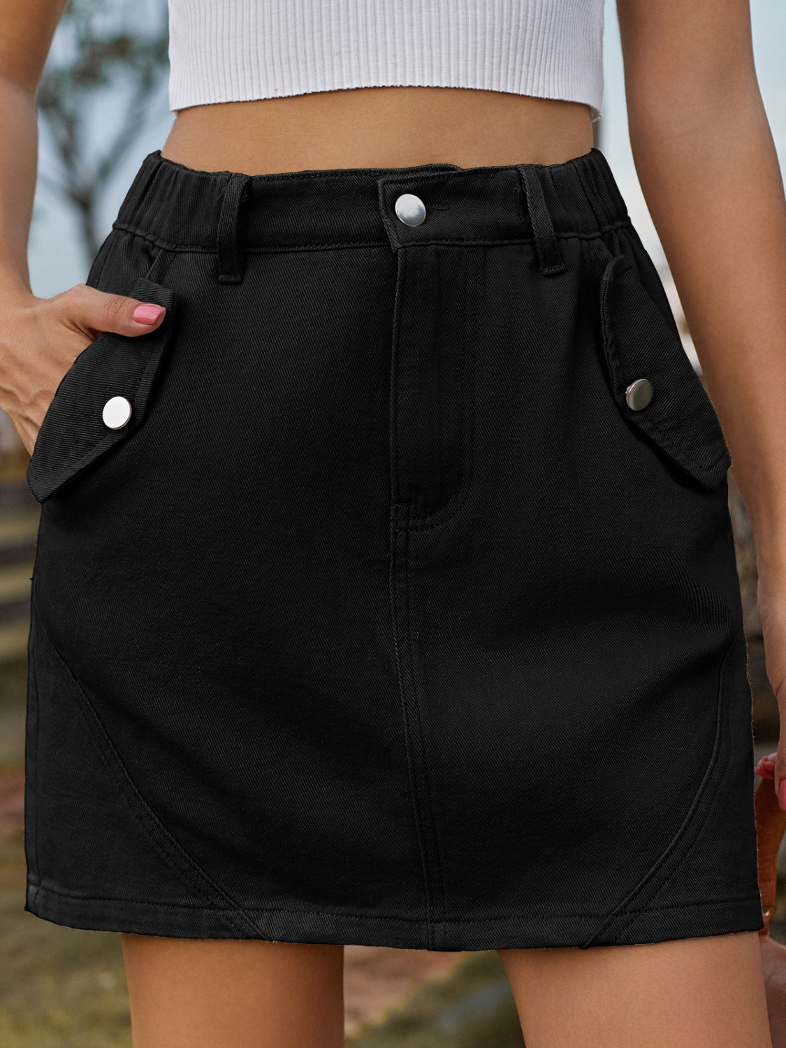 Pocketed Buttoned Mini Denim Skirt - Thandynie