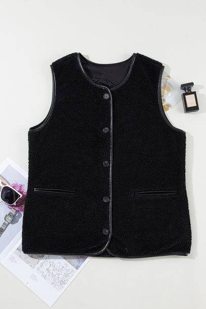 Black Leather Contrast Side Pockets Buttoned Fleece Vest