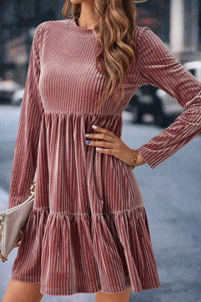 Ruffle Hem Round Neck Long Sleeve Dress Dusty Pink