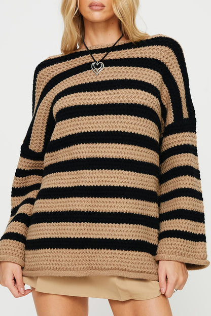 Striped Round Neck Dropped Shoulder Sweater Khaki One Size