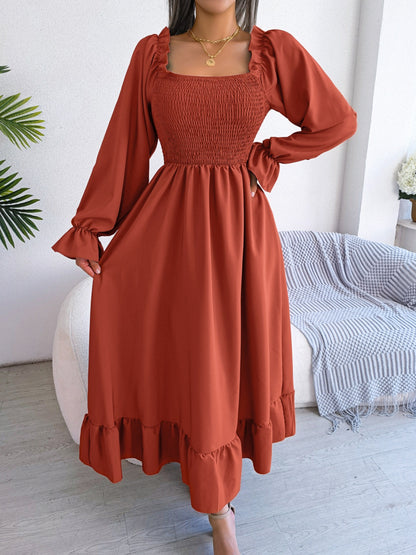 Smocked Square Neck Flounce Sleeve Dress Orange-Red