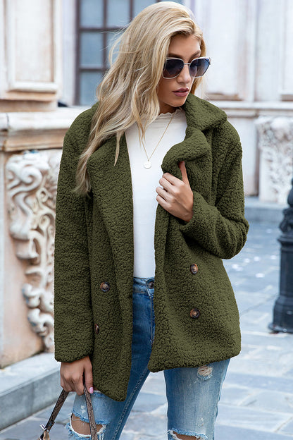 Full Size Lapel Collar Sherpa Coat Army Green