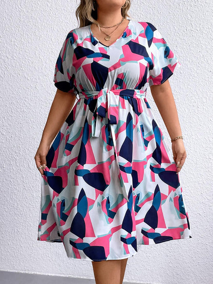 Plus Size Multicolored V-Neck Tie Waist Dress Multicolor