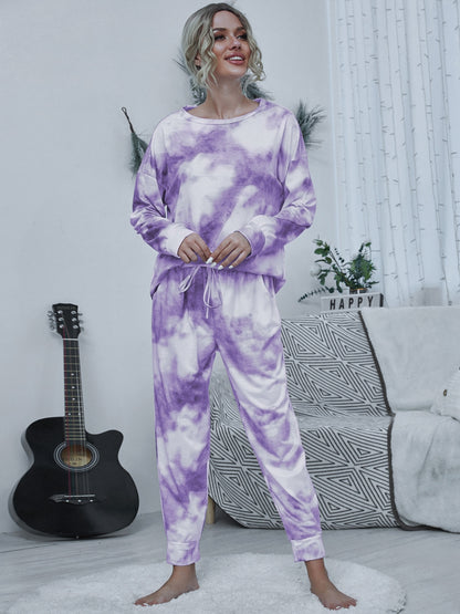 Shiny Tie-dye Round Neck Top and Drawstring Pants Lounge Set Lavender