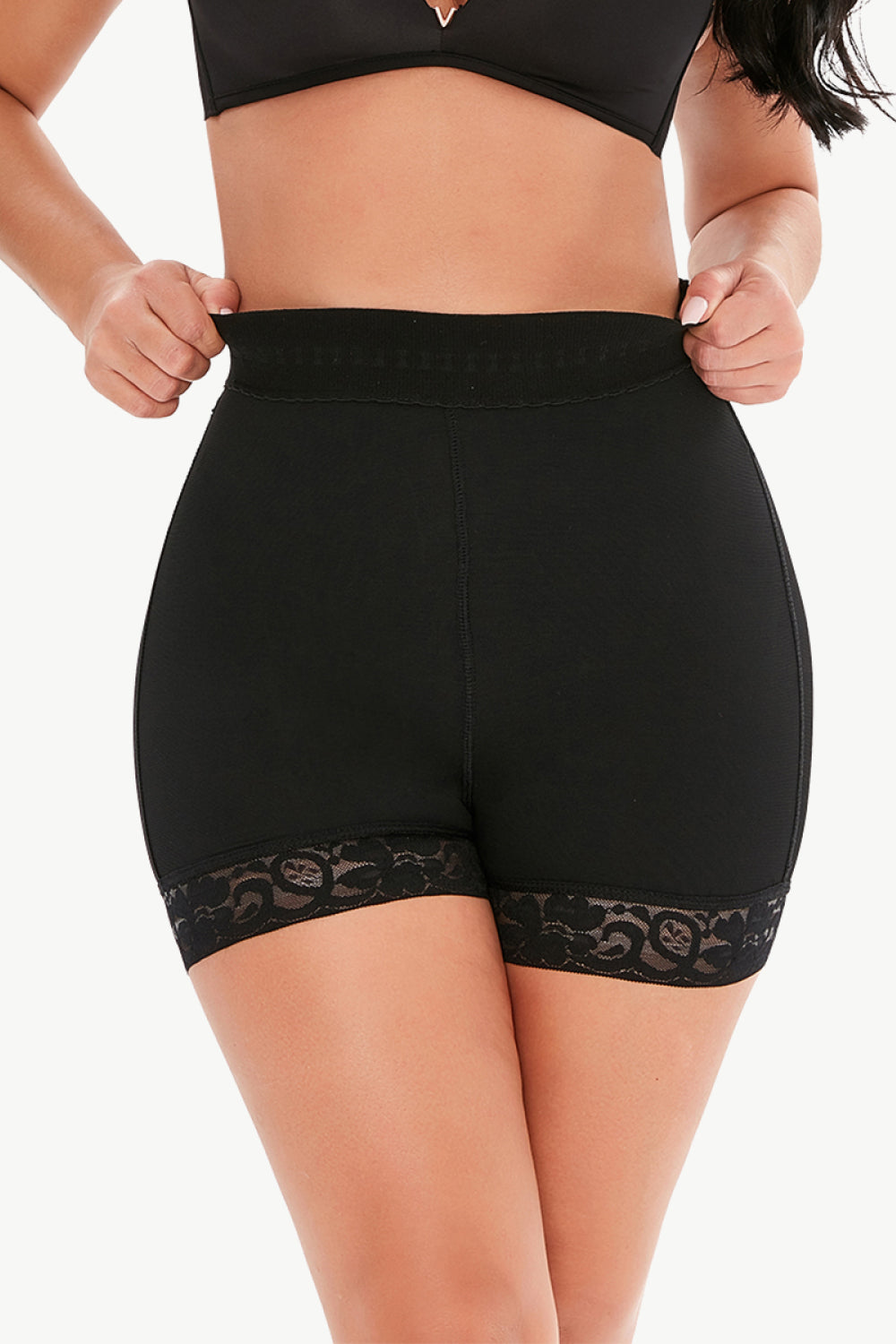 Full Size Pull-On Lace Trim Shaping Shorts Black