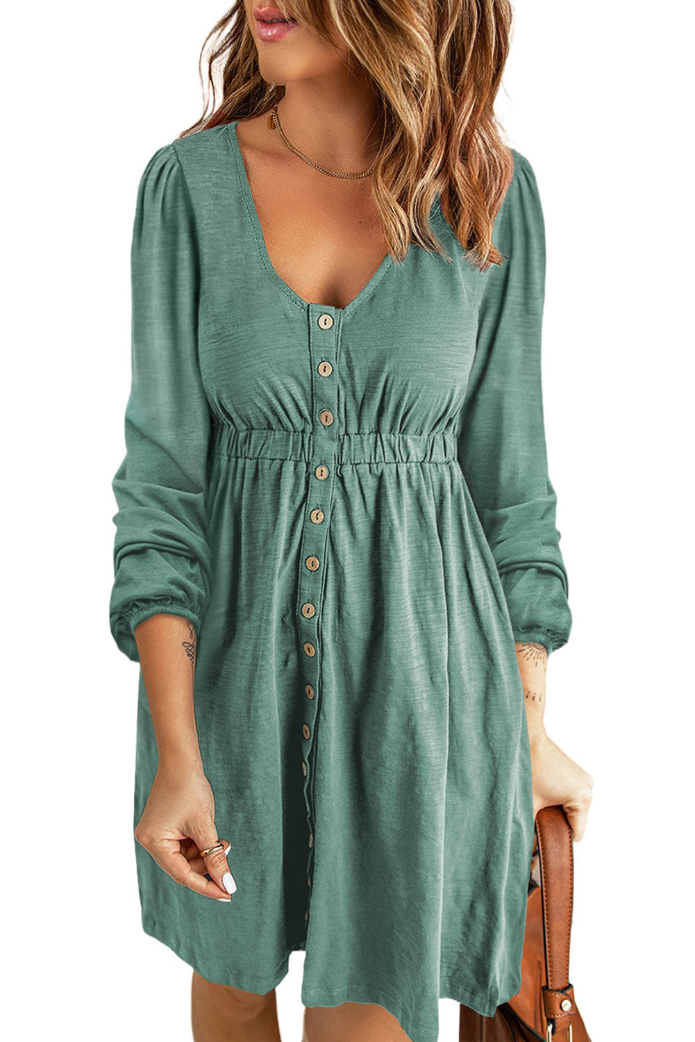 Green Button Up High Waist Long Sleeve Dress