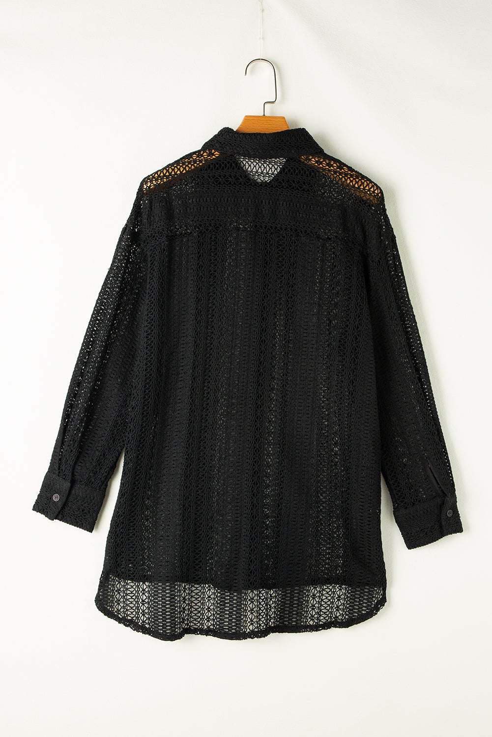 Black Lace Crochet Collared Tunic Oversized Shirt