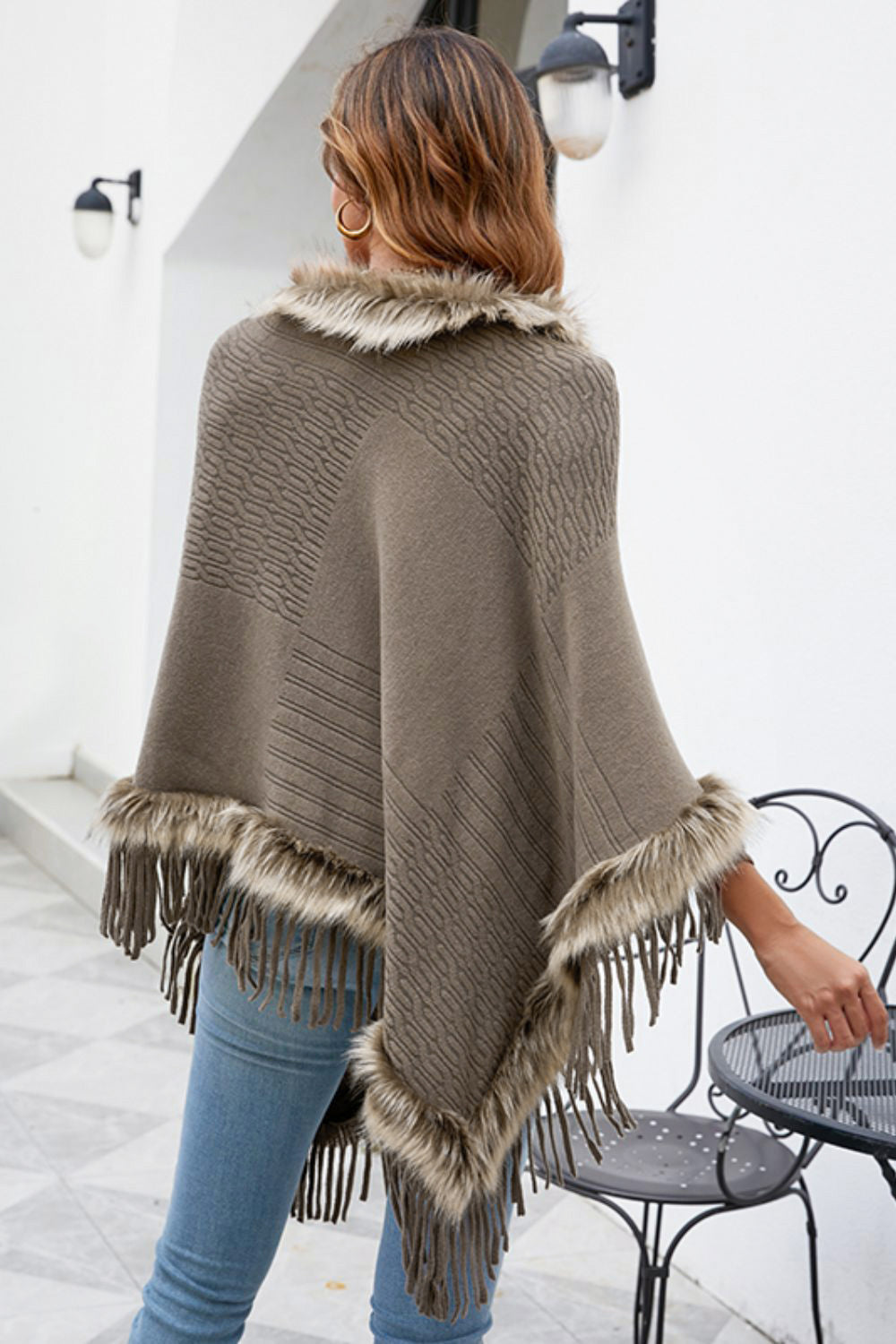 Faux Fur Trim Fringed Poncho - Thandynie