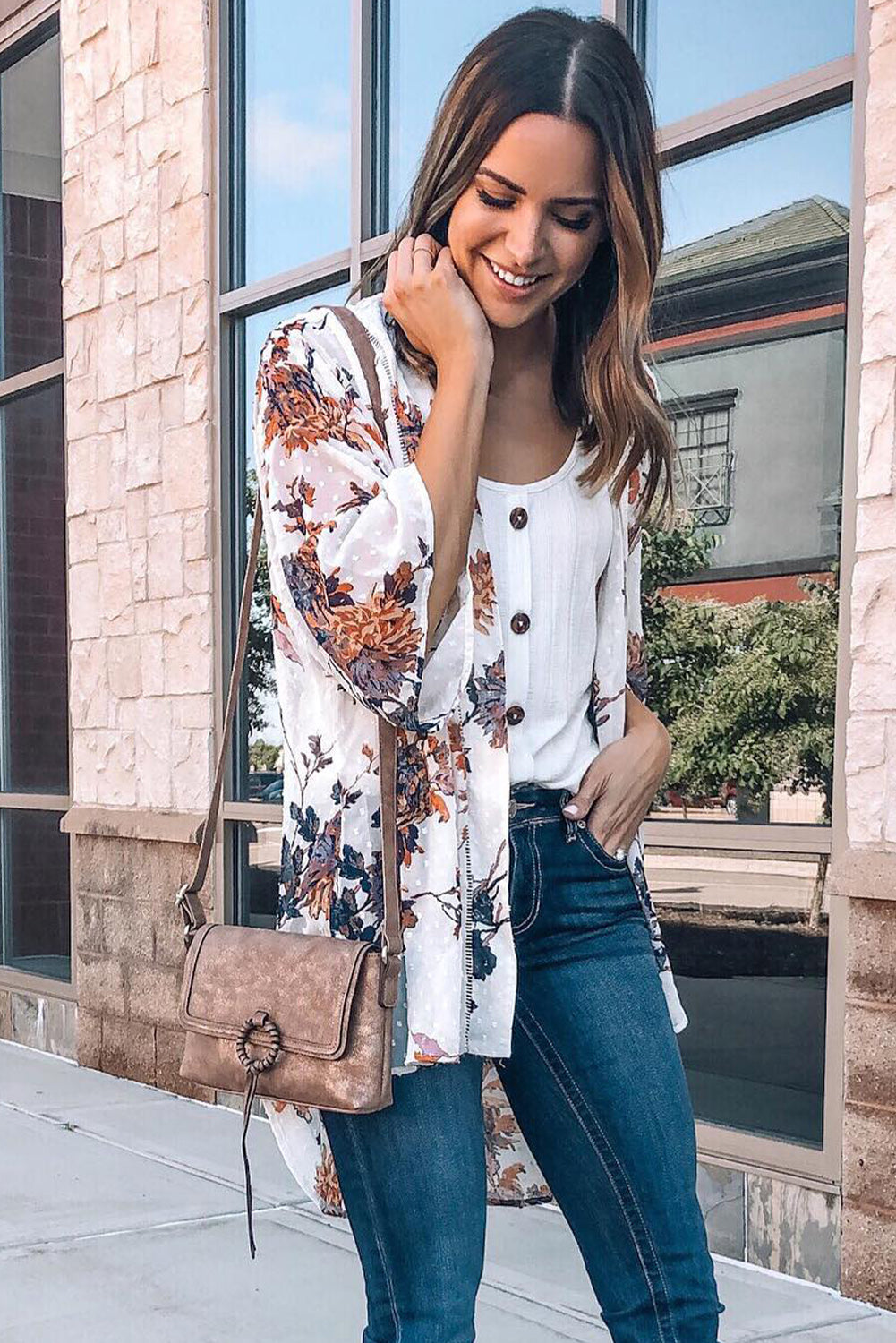 White Floral Print Open Front Bell Sleeve kimono