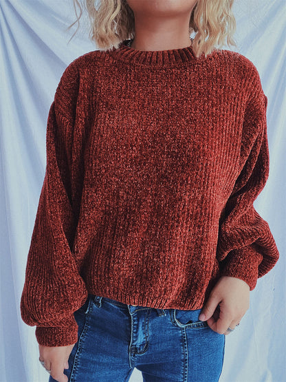 Round Neck Dropped Shoulder Long Sleeve Sweater Terracotta One Size