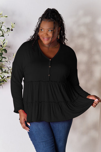 Double Take Half Button Long Sleeve Ruffle Hem Blouse Black