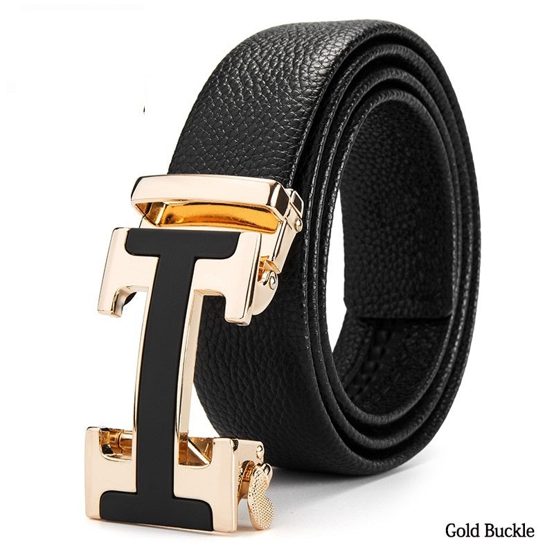 Automatic buckle men's belt leather lychee pattern Gold